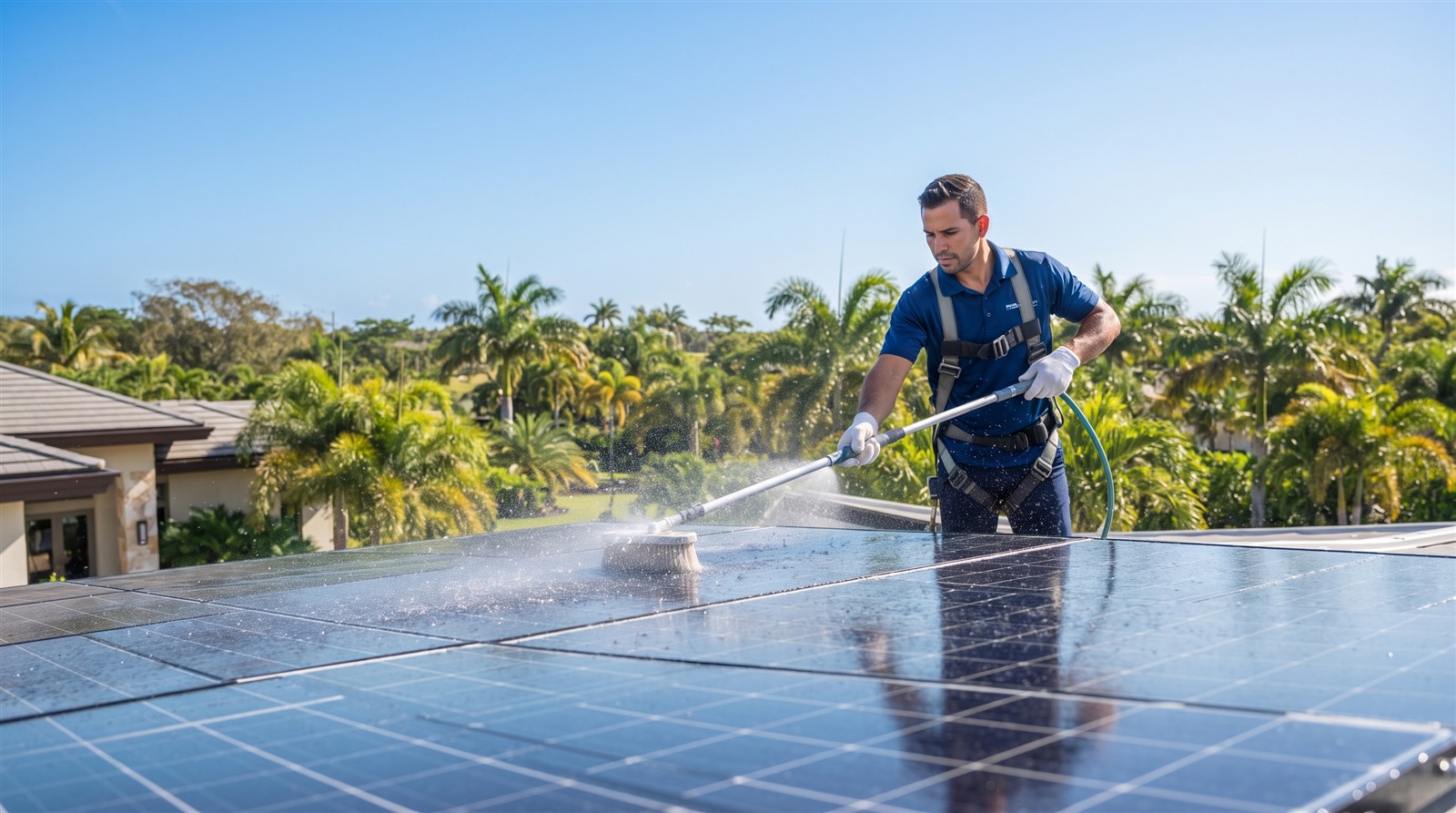 Trabajador lavando paneles solares con cepillo, sin tocar el sistema eléctrico